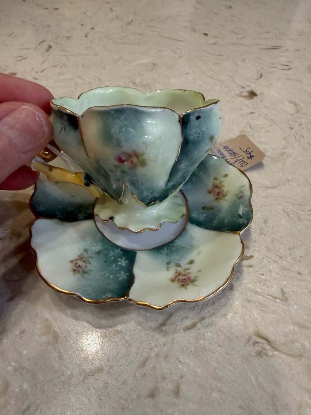 Vintage RS Prussia Porcelain Floral Footed Teacup and Saucer Green Pink Gold